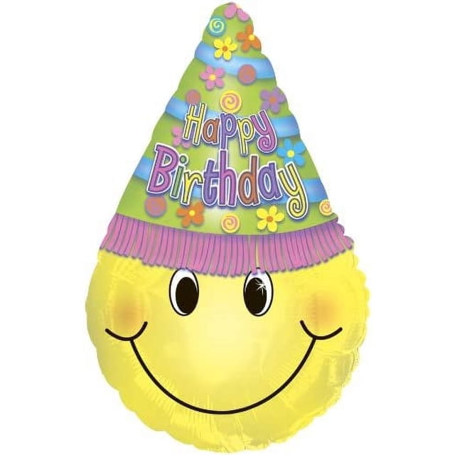 PMU Happy Birthday Smiley Face Hat Balloon (30 Inch Mylar) Pkg/5 ...