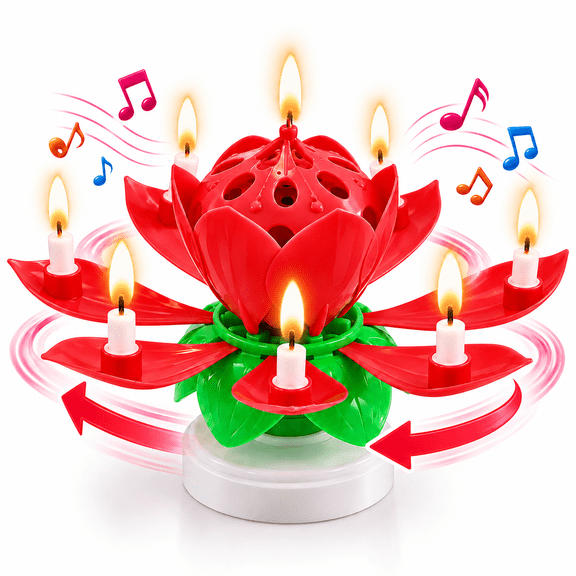 PMU Birthdays Lotus Flower Musical Birthday Candle Spinning Birthday Cake Decoration - Red
