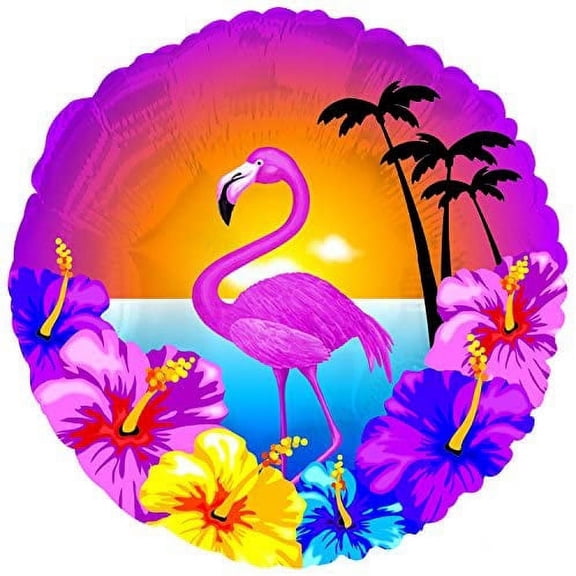 PMU Luau Balloon 18 Inch Mylar Hibiscus and Flamingo Pkg/1