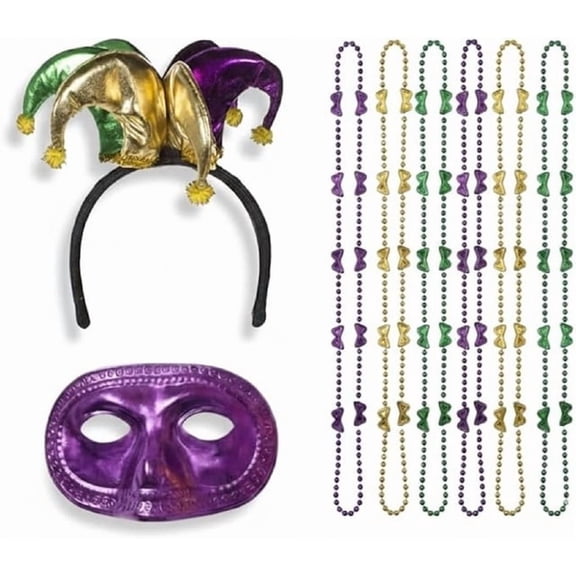 PMU Mardi Gras 18pc Jester Party Set Festive Costume Set for Mardi Gras Themed Party - 3 pc Jester Headband, 3 pc Half Masks, 12pc Mardi Gras Mini Mask Beads