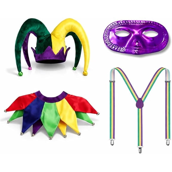 PMU Mardi Gras 4pc Jester Carnival Party Set Festive Costume Set for Mardi Gras Themed Party - 1pc Metallic Half Mask, 1 Set (2pc) Multicolor Felt Jester Carnival Hat and Collar