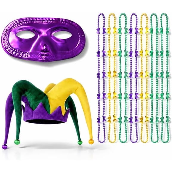 PMU Mardi Gras 8pc Jester Carnival Party Set Festive Costume Set for Mardi Gras Themed Party - 1pc Solid Purple Half Mask, 1pc Multicolor Jester Carnival Hat and 6pc Mini Mask Beads