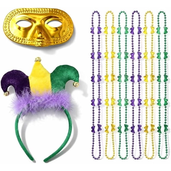 PMU Mardi Gras 8pc Jester Headband Purple, Yellow, Green Party Set Festive Costume Set for Mardi Gras Themed Party - 1 pc Jester Headband, 1 pc Solid Gold Half Mask, 6pc Mardi Gras Mini Mask Beads