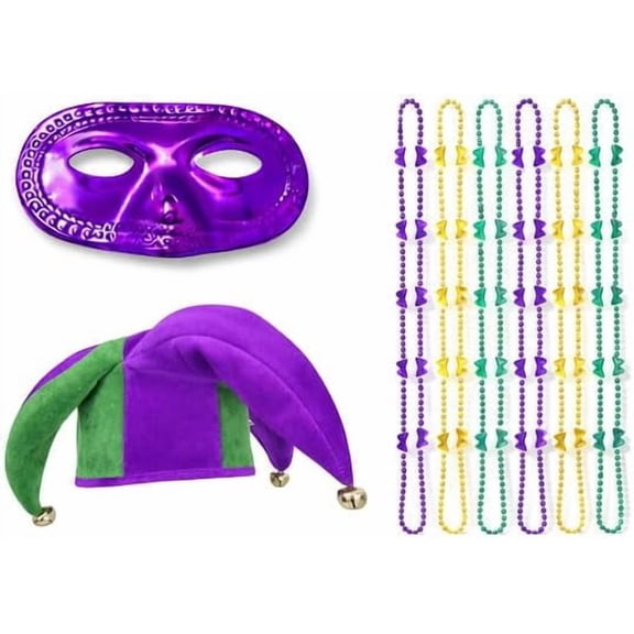 PMU Mardi Gras 8pc Masquerade Party Set Festive Costume Set for Mardi Gras Themed Party - 1pc Solid Purple Half Mask, 1pc Jester Hat with Bells, and 6pc Mini Mask Beads