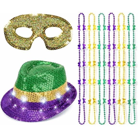 PMU Mardi Gras 8pc Sequin Party Set Festive Costume Set for Mardi Gras Themed Party - 1 pc Sequin Hat Fedora, 1 pc Gold Sequin Mask, 6pc Metallic Beads