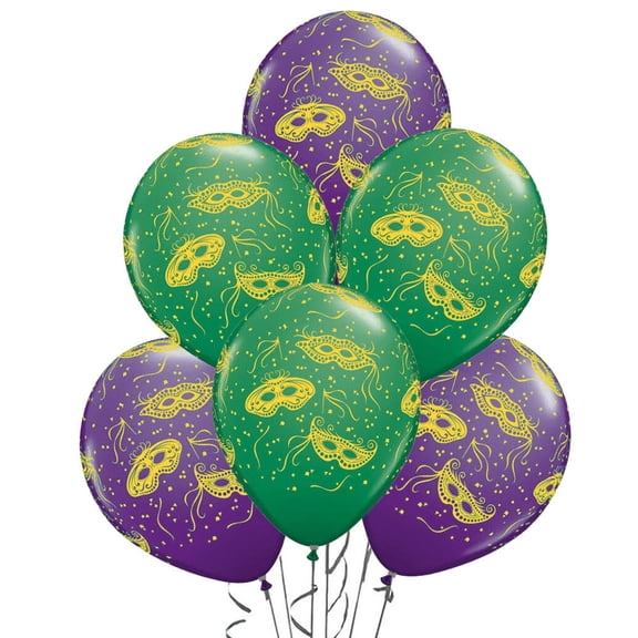 PMU Mardi Gras Balloons 11 Inch Assorted Green and Purple Latex with All-Over Print Gold Masks and Confetti Pkg/12