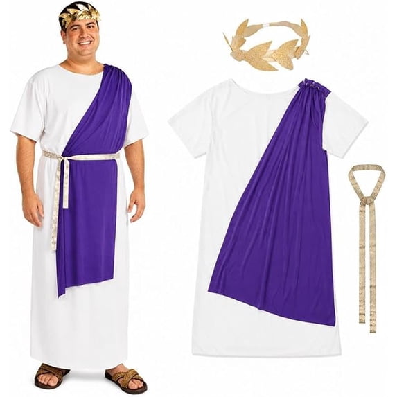PMU Men's Halloween Caesar Costume, Toga with Attached Drape and Belt, Laurel Headpiece, Adult Size 48