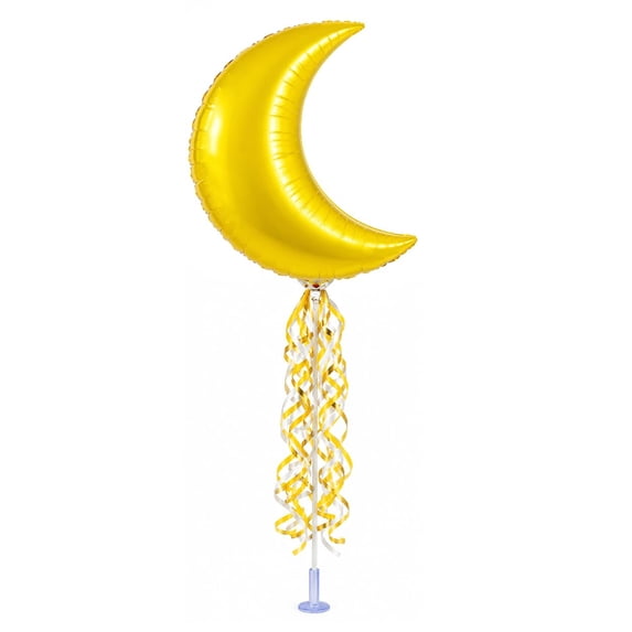 PMU Crescent Moon Shaped 9 Inch Pre-Inflated Mylar Balloon with Stick and Fringe Ribbons Decoration for Birthday Wedding Anniversary Bachelorette