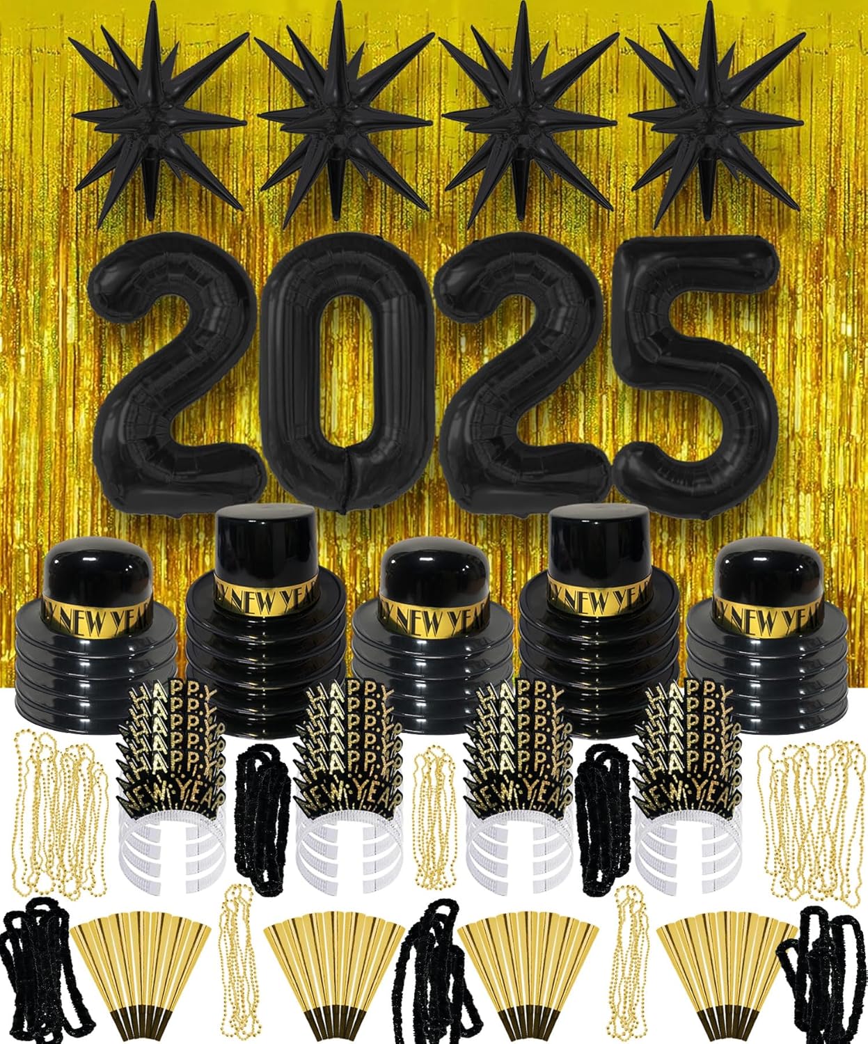 New Years Eve Party Supplies 2025 Kit 261-Piece Set -100 Guests - Black
