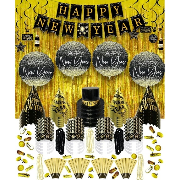 PMU New Year's Eve Party Supplies 2026 Black and Gold Party Kit Assortment for 600 Guests- 1511-Piece Set New Year's Eve Decorations Supplies, Outfits for Adults, Men and Women (600/psn)