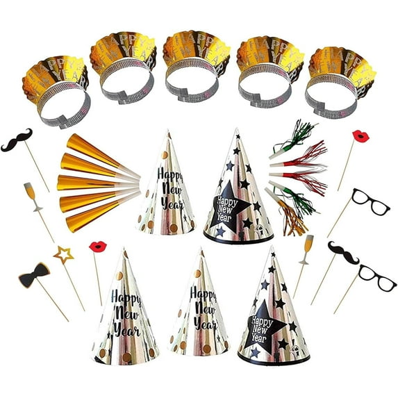 PMU New Year’s Eve Party Supplies 2026, Black, Gold and Silver Party Assortment Kit for 10 persons Outfits for Adults, Men and Women (10 psn/pkg) Pkg/1