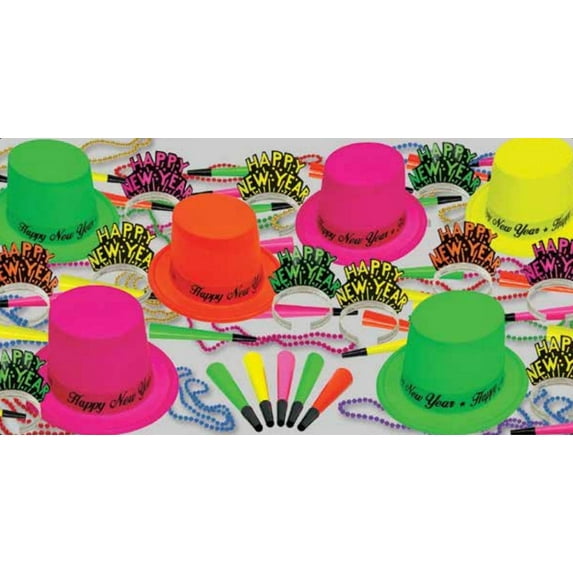PMU New Year’s Eve Party Supplies Neon Midnight Party Assortment Kit for 50 persons - New Year's Eve Decorations, Outfits for Adults, Men and Women (50 psn/pkg) Pkg/1