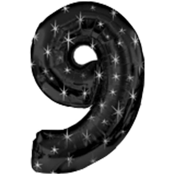 PMU Number Nine Shape 38 Inch Black with Silver Sparkles Mylar Balloon Pkg/1