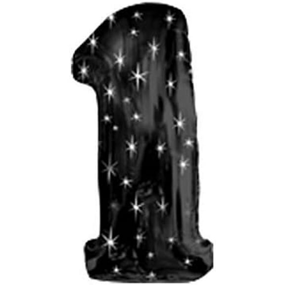 PMU Number One Shape 38 Inch Black with Silver Sparkles Mylar Balloon Pkg/1