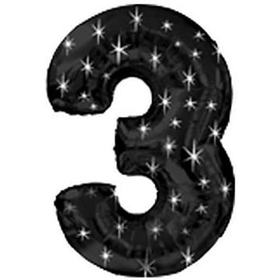 PMU Number Three Shape 38 Inch Black with Silver Sparkles Mylar Balloon Pkg/1