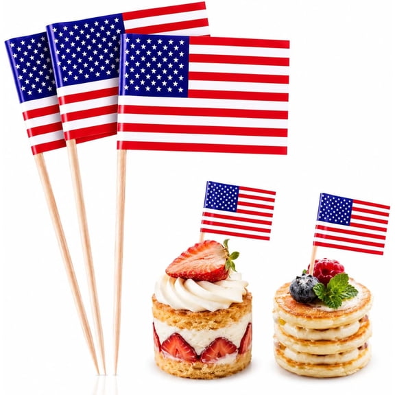 PMU 300 Pcs Patriotic American Flag Toothpicks – 4th of July Toothpick Flags, 4th of july Cupcake Toppers, Toothpick Flags for Food & Party Food Decorations for Memorial Day (3 Packs of 100)