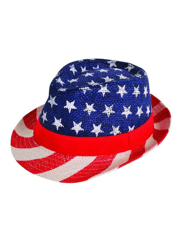 PMU Patriotic Burlap Fedora US Flag Pattern Red, White and Blue Stars and Stripes Themed 4th of July Summer Straw Hat Unisex Adult Costume Accessory Pkg/1