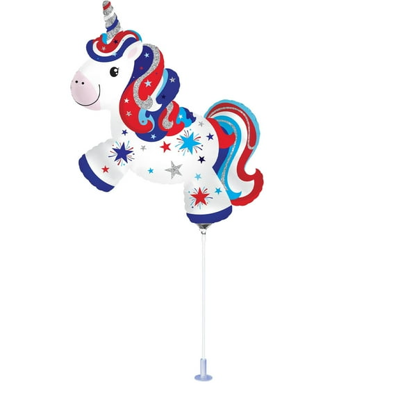 PMU Patriotic Pre-inflated 4th of July Unicorn 14 Inch Mylar-Foil Balloon with Stick (3/pkg)Pkg/1