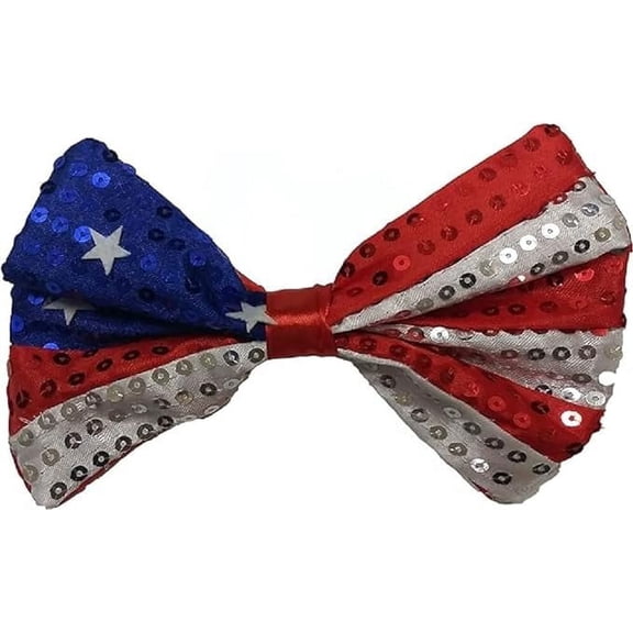 PMU Patriotic Sequin Bowtie with Adjustable Strap, Red White & Blue American Flag Design, 4th of July Decorations Costume Accessory for Holidays, Veterans, Election & Independence Day, (1/Pkg) Pkg/1