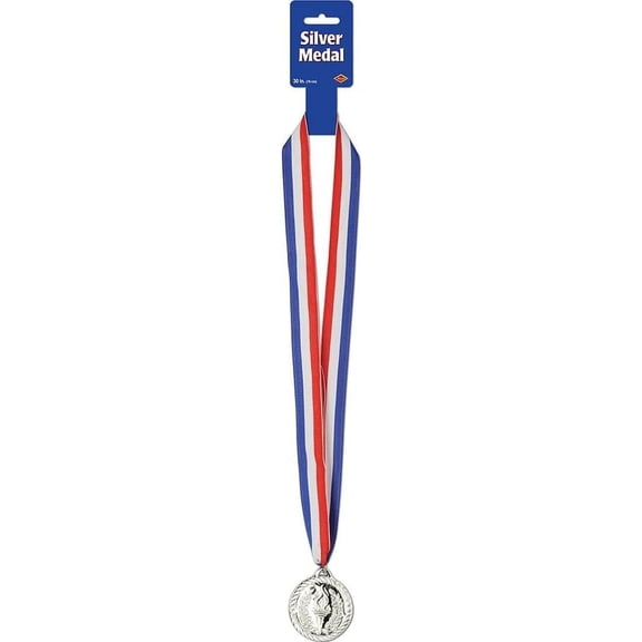 PMU Patriotic Silver Award Medals 2in, Red White & Blue American Flag Design, 4th of July Decorations, Party Costume Accessory for Holidays, Veterans, Election & Independence Day, (1/Pkg) Pkg/1