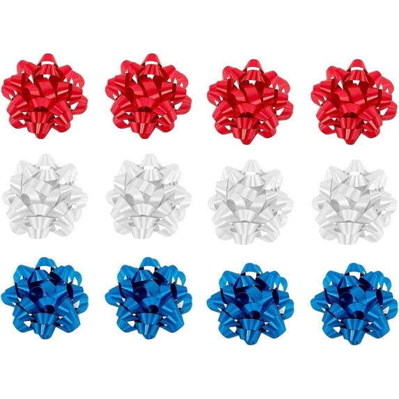 PMU Decorative Star Confetti Bows Large 4-1/4 Inch Patriotic Assortment (Red, White and Blue) (12Pkg) Pkg/1
