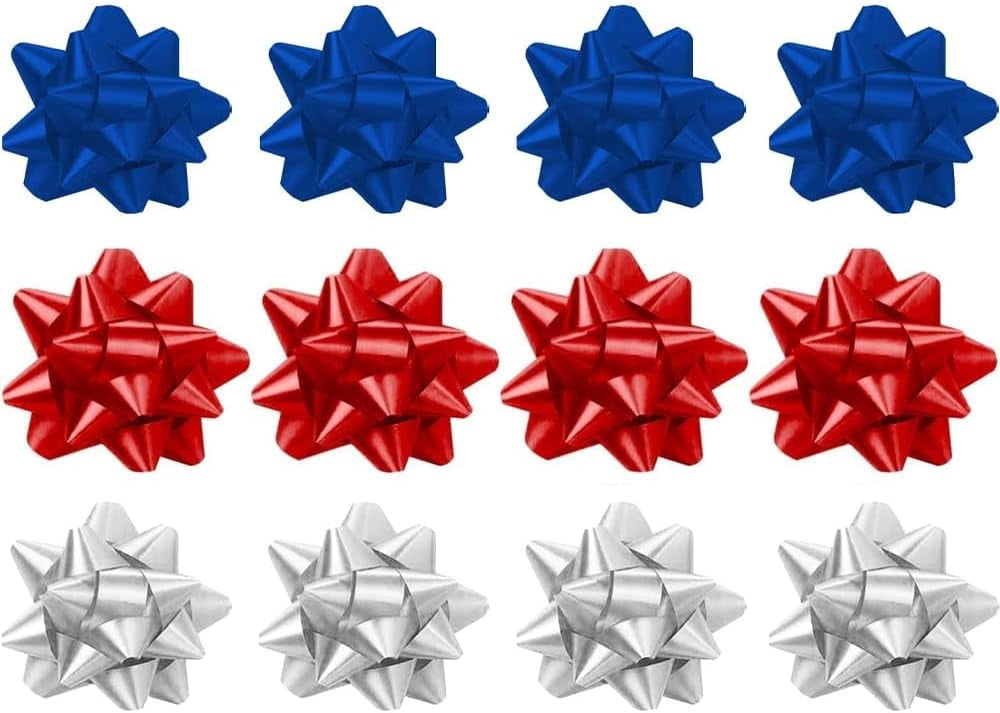 PMU Patriotic Star Gift Bows 3 3/4 Inch | 4th of July Party Decoration | Perfect for 4th of July, Independence Day, Memorial Day, Veteran's Day | Red, White & Blue 12pc Assortment (12/Pkg) Pkg/1