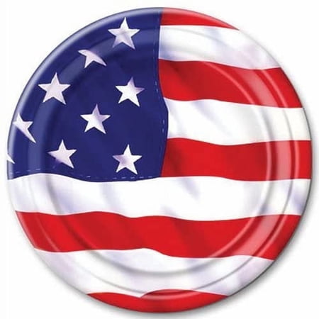 PMU Patriotic Stars and Stripes American Flag 9-Inch Dessert Plates, Patriotic Party Tableware (8/pkg) Pkg/6
