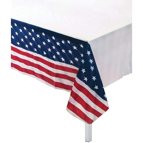 PMU Patriotic USA American Flag 4th of July Plastic Table Cover Red, White and Blue Stars and Stripes 54 inch x 108 inch Rectangle Tablecloth Pkg/1