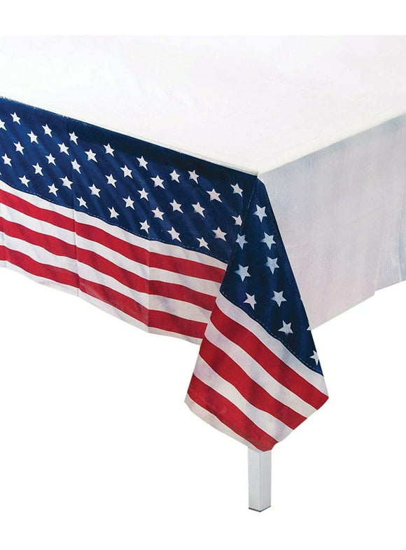 PMU Patriotic USA American Flag 4th of July Plastic Table Cover Red, White and Blue Stars and Stripes 54 inch x 108 inch Rectangle Tablecloth Pkg/1