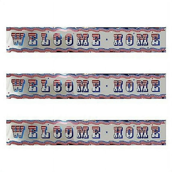 PMU Patriotic Welcome Home Banner Military Sign 3ft x 5in Red, White and Blue Stars and Stripes Foil Photo Prop Garland for Housewarming Army Deployment Returning Party Decoration (3/Pkg) Pkg/3