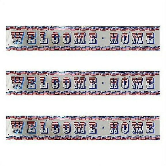 PMU Patriotic Welcome Home Banner Military Sign 3ft x 5in Red, White and Blue Stars and Stripes Foil Photo Prop Garland for Housewarming Army Deployment Returning Party Decoration (3/Pkg) Pkg/3