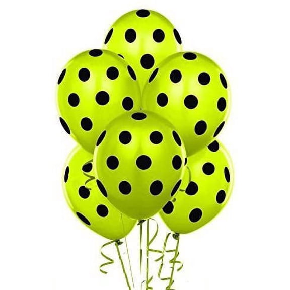 PMU Polka Dot Balloons Party-Tex 11 inch Premium Lime Green with All-Over Print Black Polka Dots Pkg/12