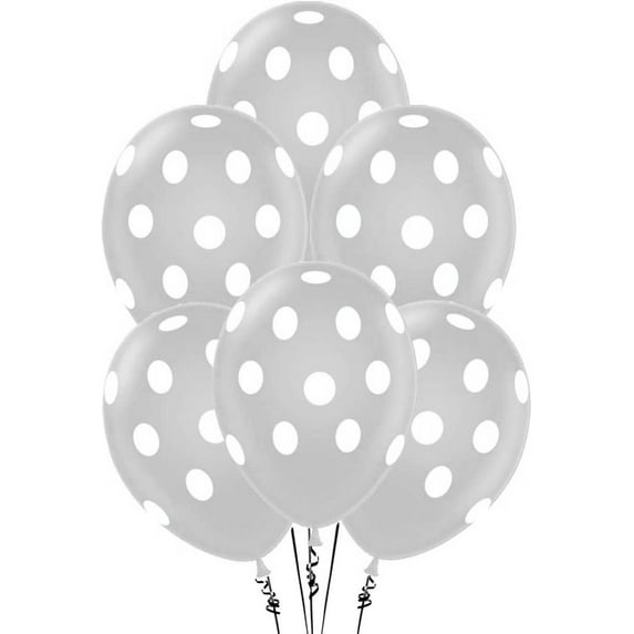 PMU Polka Dot Balloons PartyTex 11 Inch Premium Metallic Silver with All-Over print White Dots Pkg/25