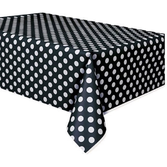 PMU Polka Dot Table Cover Black Plastic Rectangle 54" x 84" Tablecloth Square Wipeable Waterproof Disposable Party Decoration Great for Dining, Parties, Picnics, Bbq's, Summer Gatherings Pkg/12