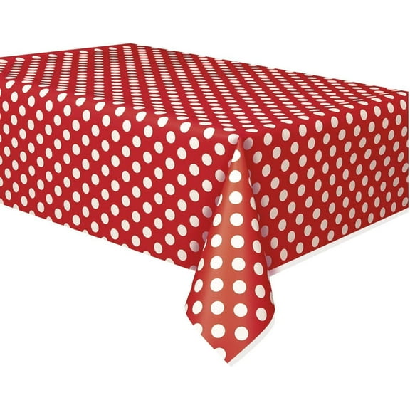 PMU Polka Dot Table Cover Red Plastic Rectangle 54" x 84" Tablecloth Square Wipeable Waterproof Disposable Party Decoration Great for Dining, Parties, Picnics, Bbq's, Summer Gatherings Pkg/1
