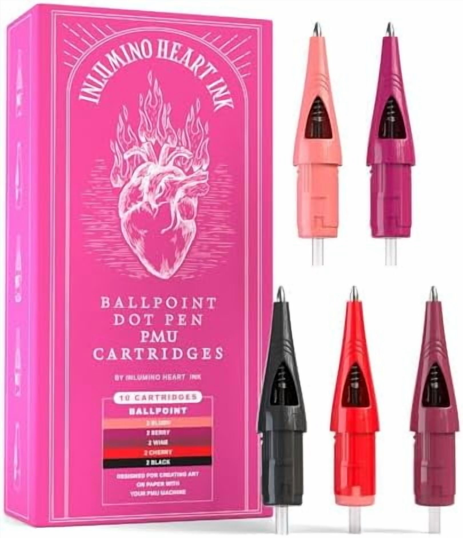 PMU Practice Cartridges – 10-Pack Ballpoint Pen Refills for Tattoo Training on Paper – Patented Design – 5 Colors – Compatible with Rotary PMU Pens & Dot Machines