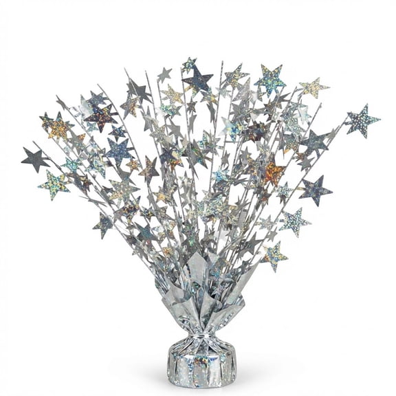 PMU Bursting Star Centerpiece- Prismatic Laser Silver Balloon Weights, table Centerpiece for Graduation, Birthdays, Halloween, Veterans, Party & Independence Day Celebration-15in / 7.34cm