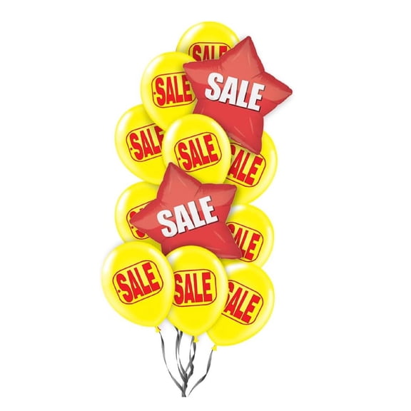 PMU Promotional "SALE" Print Balloons (2) 18in Red Star Mylar Foil and (10) 17in Yellow Latex (12) Color Coordinate Ribbons Pkg/12