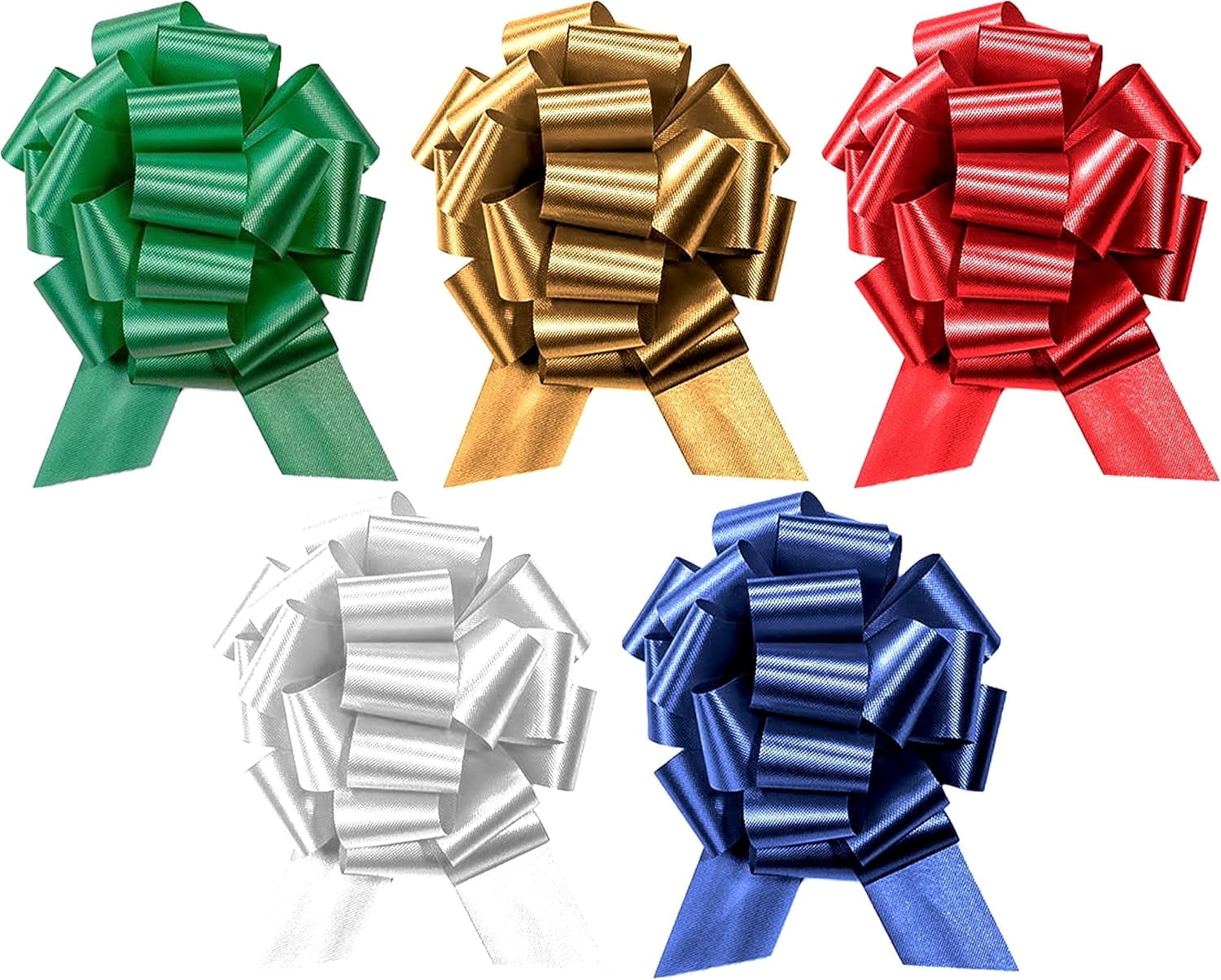 PMU Pull String Bows Assorted (Blue, Green, Gold, Red and White) 8 Inch 20 Loops (2 & 1/2 Inch Ribbon) 50pcs (50/pkg) Pkg/1