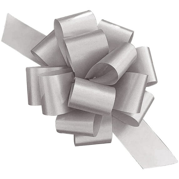PMU Pull String Bows - Gift Bows for Wedding, Birthdays & Anniversaries - Ribbon Bows for Flowers & Basket Decoration - Large Bow for Gift Wrapping - 5 Inch 20 Loops Silver- (50/pkg)Pkg/1