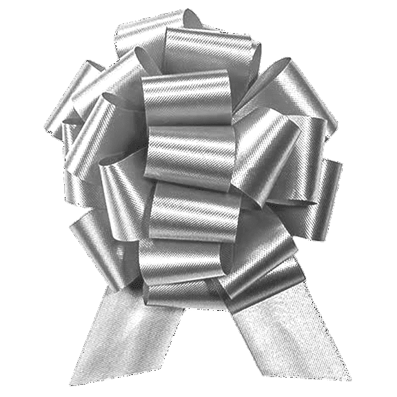 PMU Pull String Bows - Gift Bows for Wedding, Birthdays & Anniversaries - Ribbon Bows for Flowers & Basket Decoration - Large Bow for Gift Wrapping - Silver 8 Inch 20 Loops (1/pkg) Pkg/1