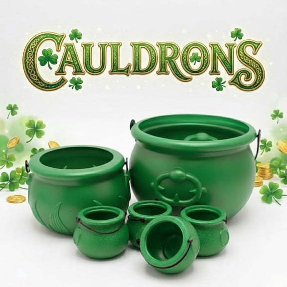 PMU St. Patrick's Day 6pcs Green Cauldron Set - 8 inch (1pc), 6 inch (1pc), 3 inch (4pcs) Green Blow Mold Plastic Candy Holder Party Accessory