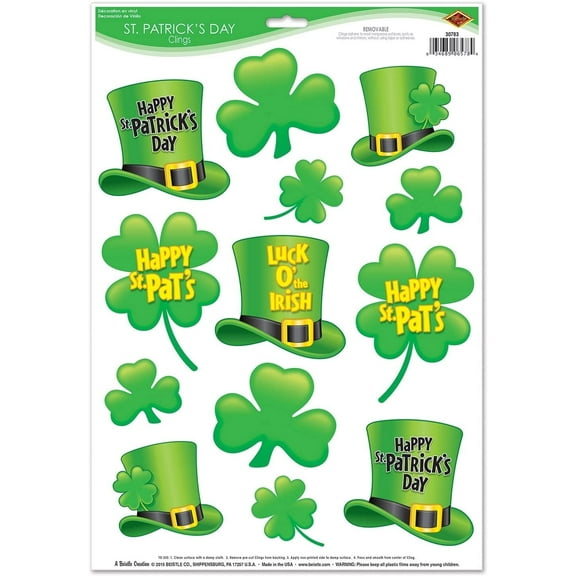 PMU St. Patrick's Day Decorations and Party Supplies - 12in x 17in St. Patrick's Day Clings Clings - Irish Costume, Party Accessory (1/Sheet) Pkg/1