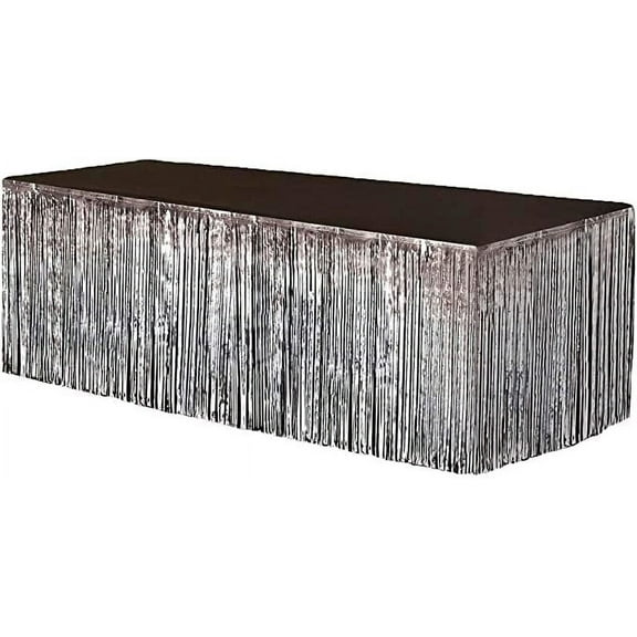 PMU Table Skirt Silver Tinsel Foil 9 ft x 29 inch (1/Pkg) Pkg/1 Party Favor Supplies, Party Decoration Fringe Table Skirt, Tinsel Table Skirt, Metallic Table Skirt, Foil Fringe Table Skirt