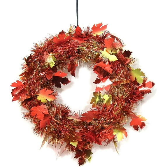 PMU Thanksgiving 11 inch Tinsel Harvest Wreath With Leaves Foliage Décor Autumn Fall Harvest Home Decoration Indoor/Outdoor Thanksgiving Party Events Accessory (1/Pkg) Pkg/1