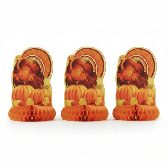PMU 3 Pc Thanksgiving Honeycomb Decorations, 10in x 6in Turkey Table Centerpieces for Thanksgiving Party, Fall Harvest Themed Décor
