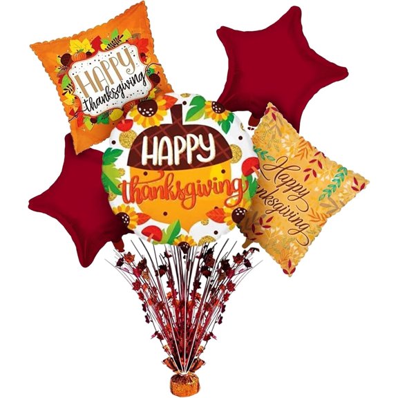 PMU Thanksgiving Mylar "Happy Thanksgiving" 5pc 18in Mylar Balloons Pillow Balloon Bouquet with Bursting Fall Leaves Centerpiece Pkg/5