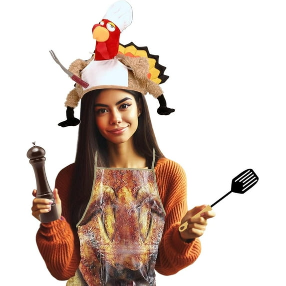 PMU Thanksgiving Plush Chef Turkey Hat and Turkey Apron Set Party Costume Accessories (2/Pkg) Pkg/1