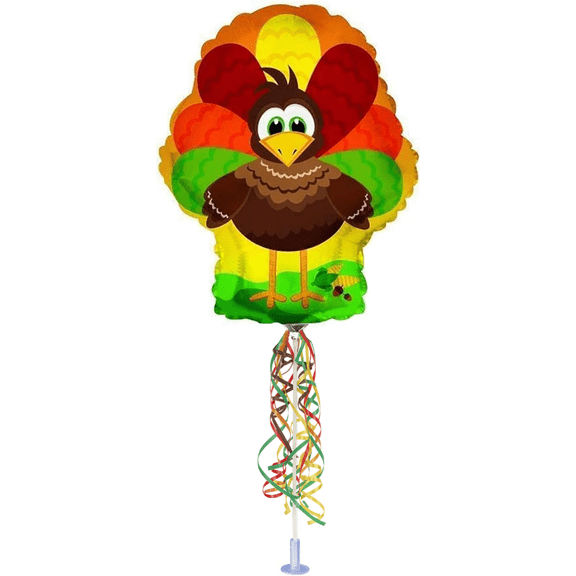 PMU Thanksgiving Turkey 10 Inch Pre-Inflated Mylar Foil Balloons with Stick and Fringe Ribbons for Thanksgiving Party Celebrations Decoration