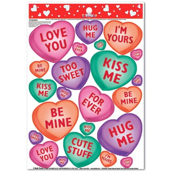PMU Valentine’s Day Candy Heart Glass Clings 12in x 17in Sheet Pkg/1